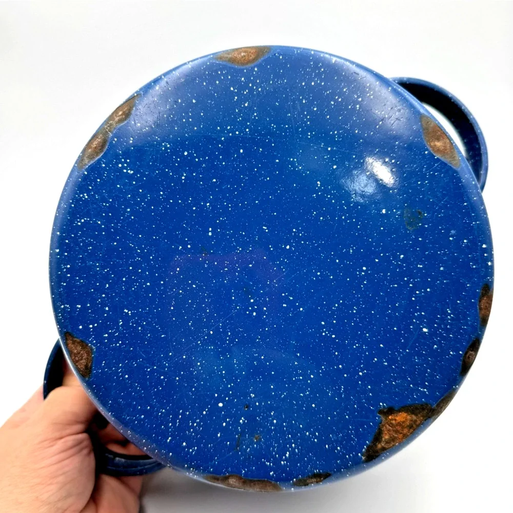 Vintage Farmhouse Royal Blue Speckled Enamel Stock Pot Graniteware Distressed